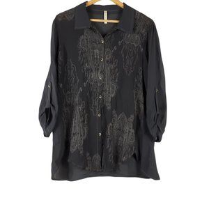 XCVI Button Up Stitch Blouse Embroider Gray Size Medium